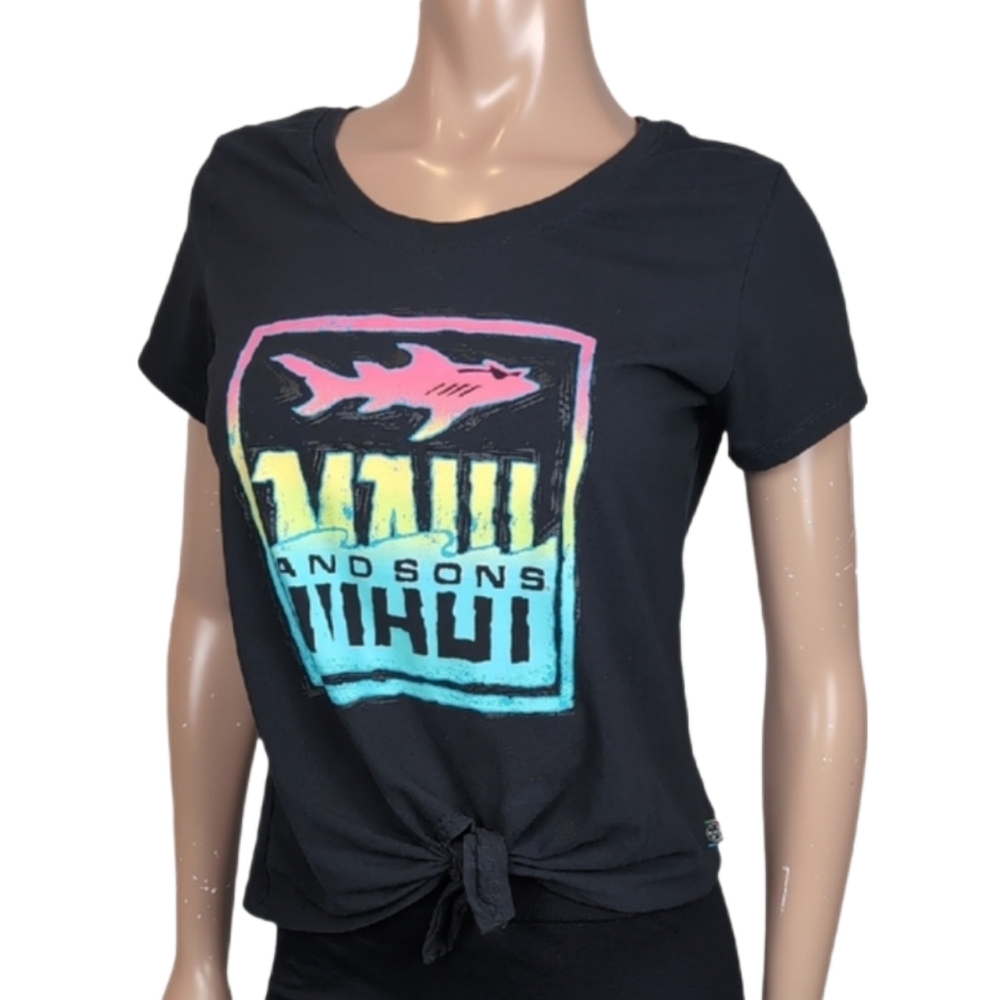 Maui & Sons Tie Front Tshirt Womens Size Large Black Neon Graphic Tee Surf Top
